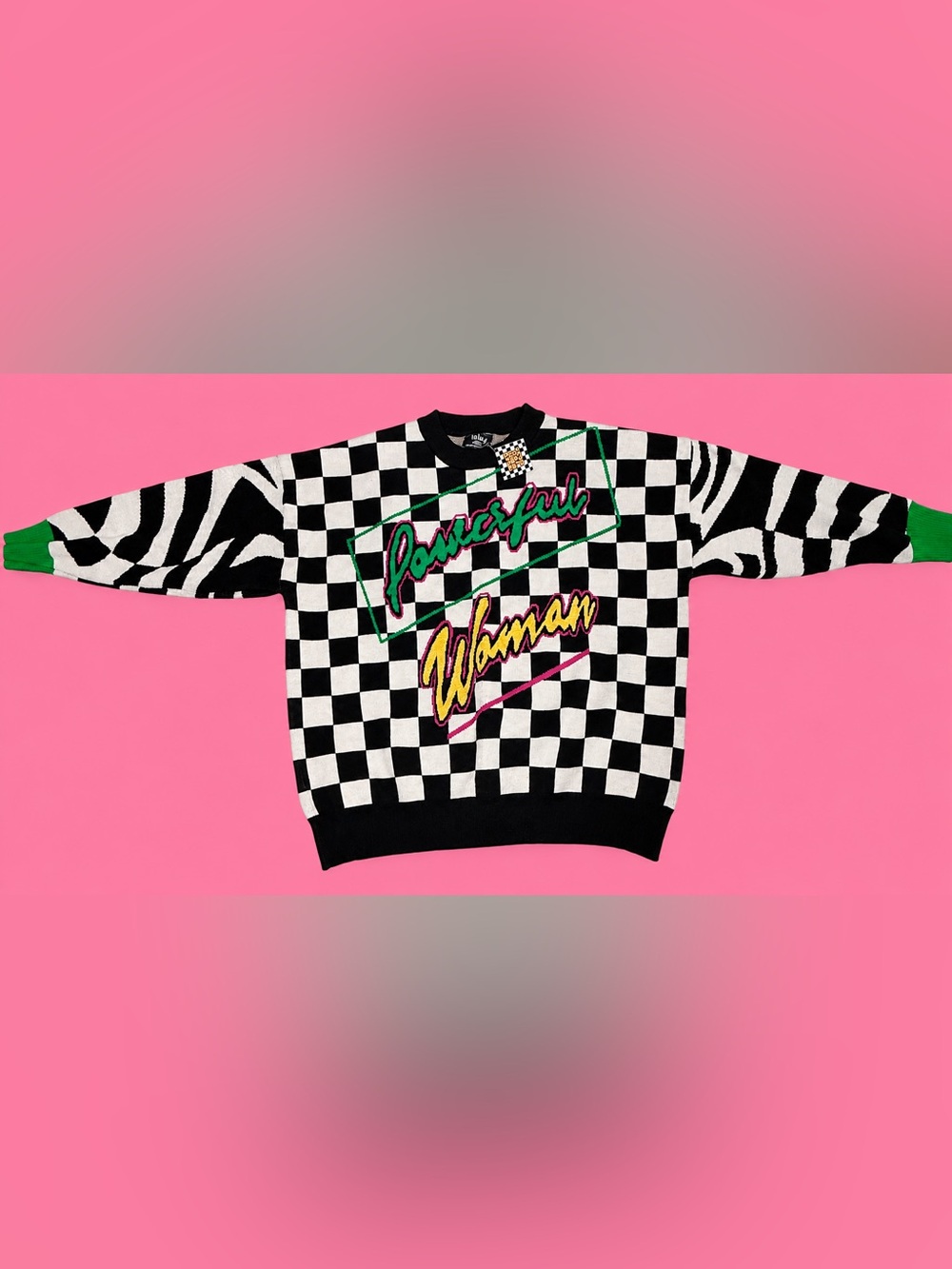 Dressed in LALA Powerful Woman Grand Prix Checkerboard Oversized Sweater NWT - Picture 3 of 9